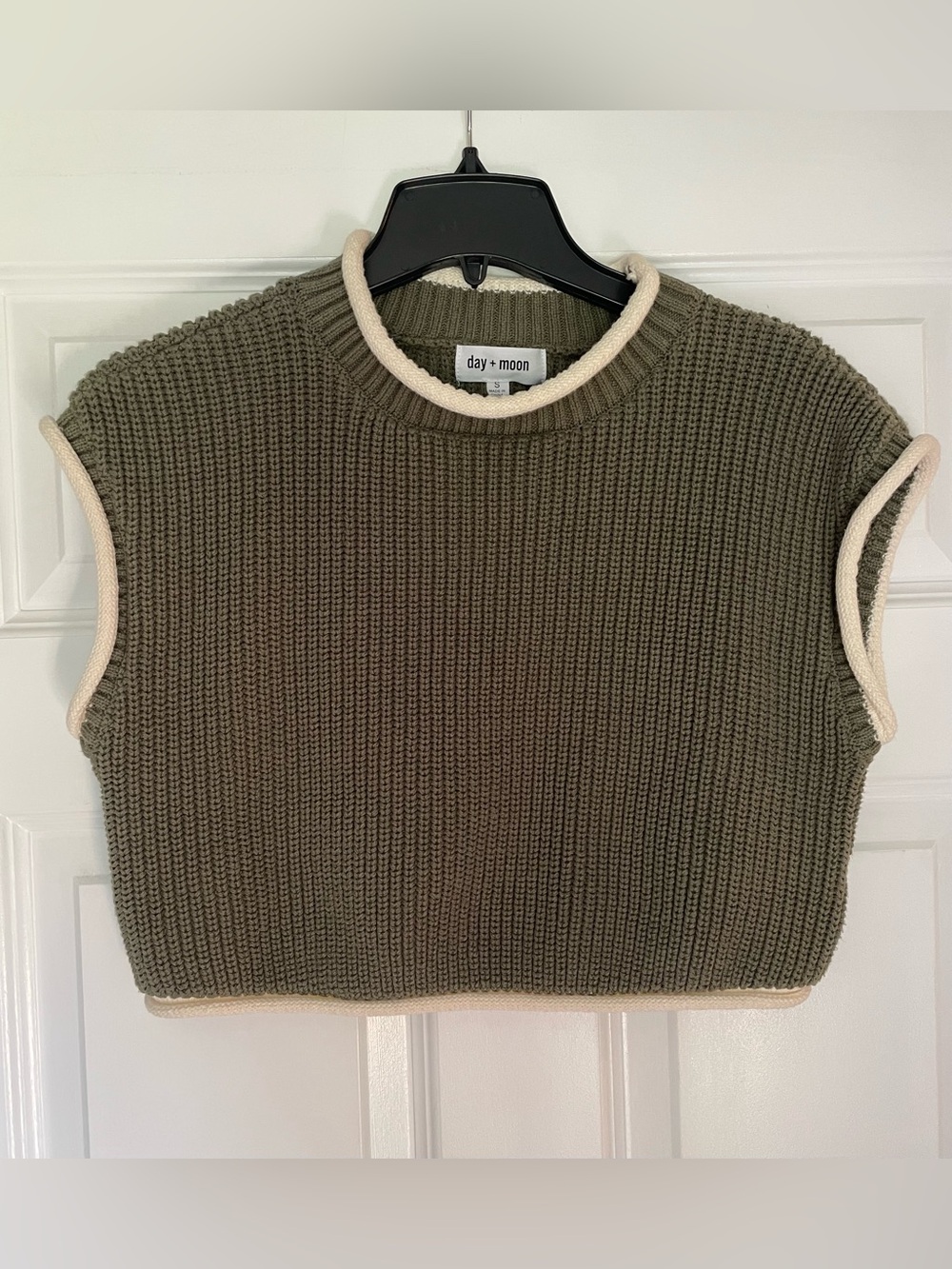 day + moon Olive Knit Sleeveless Sweater Vest with Cream Trim